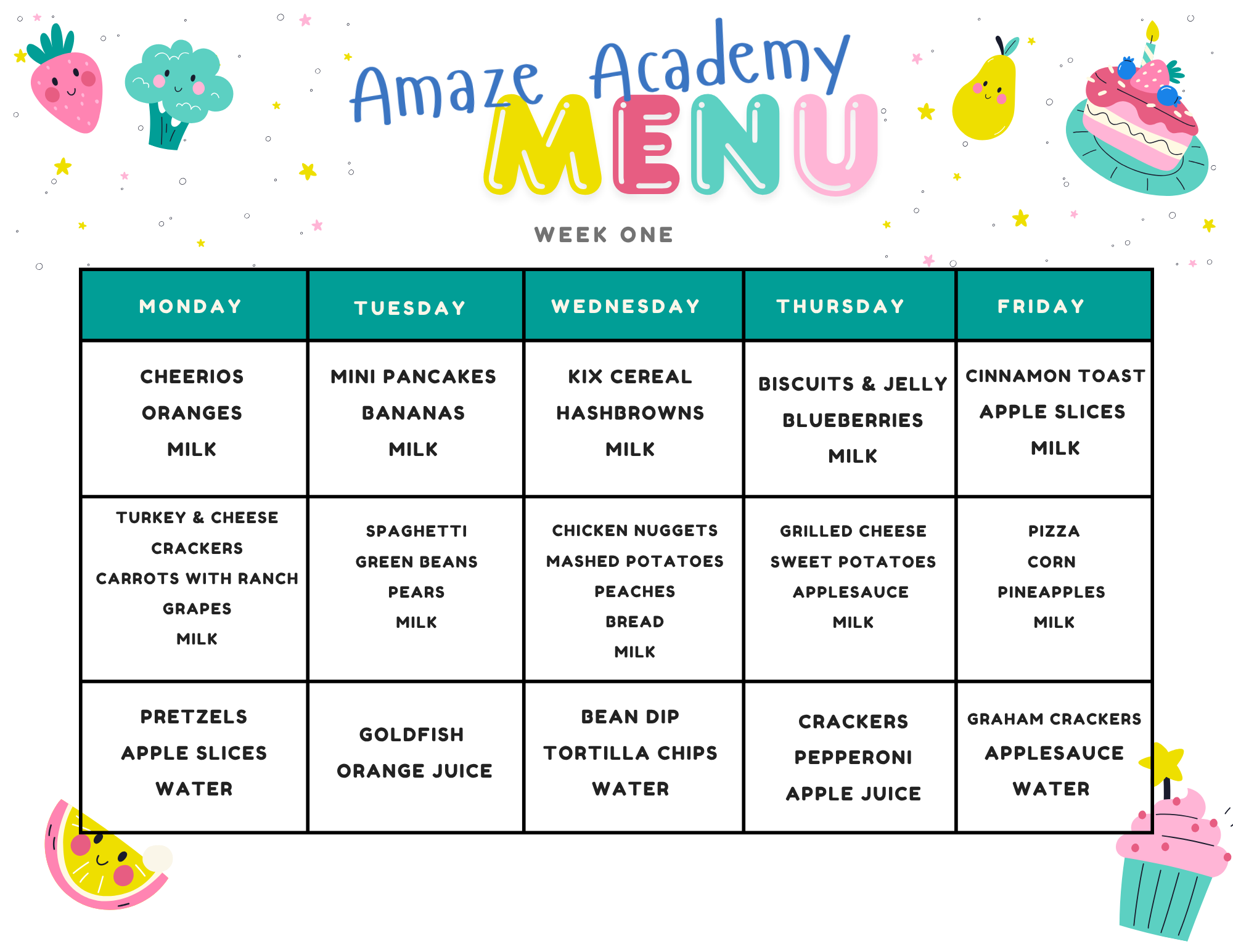 Amaze Academy meal menu for week one