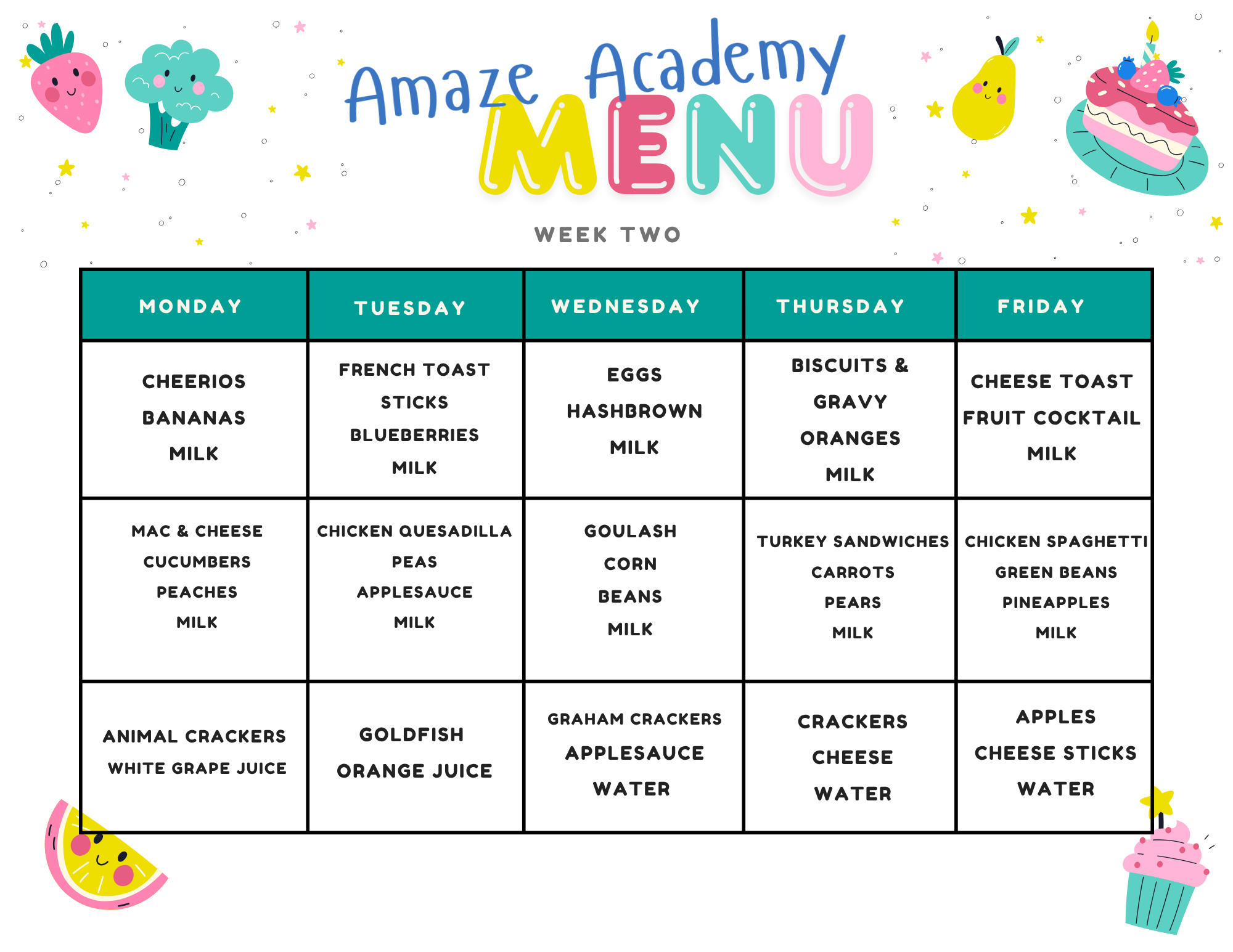 Amaze Academy meal menu for week two